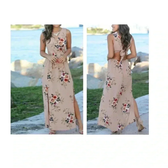🆕Floral Splicing Open Back Slit Maxi Dress M🆕 - Picture 2 of 9